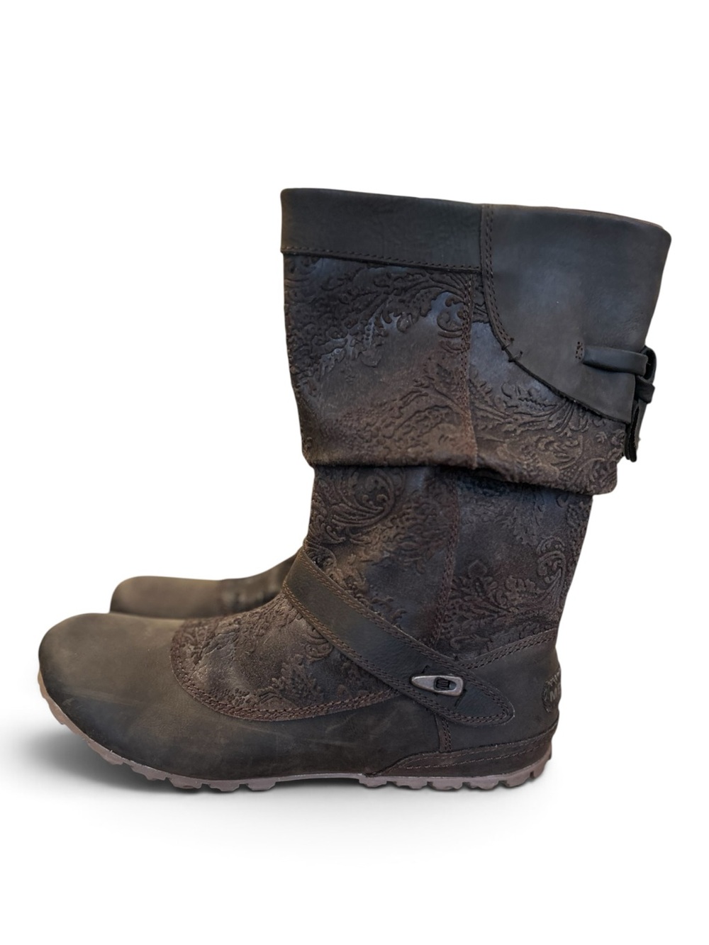 Merrell Women's Haven Pull Boots Embossed in Dark Brown Leather Biker Size 10